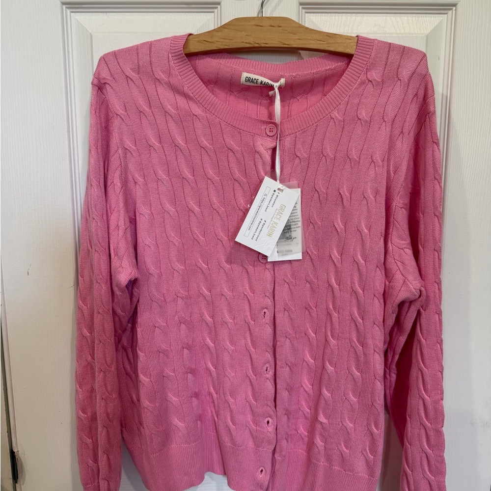 Grace Karin Pink Cable-Knit Button Front Cardigan